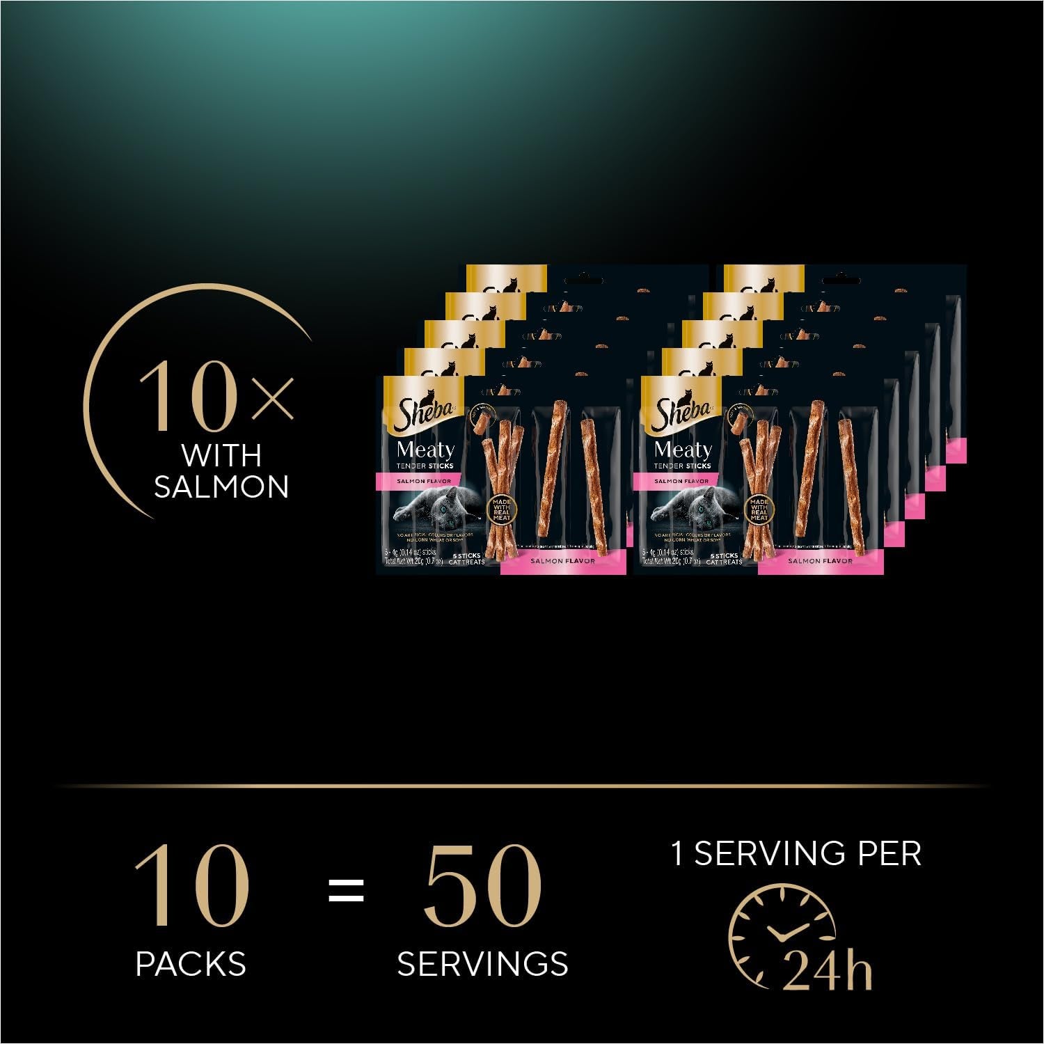 Meaty Tender Sticks Soft Cat Treats Salmon Flavor, 0.14 Oz Sticks (Pack of 10) (50 Sticks Total)